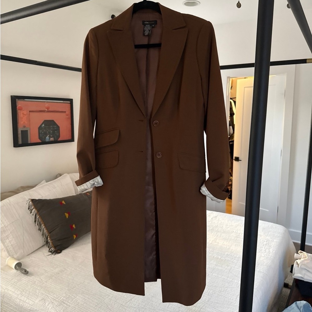 BCBG MaxAzria knee-length brown blazer/jacket // lightweight wool